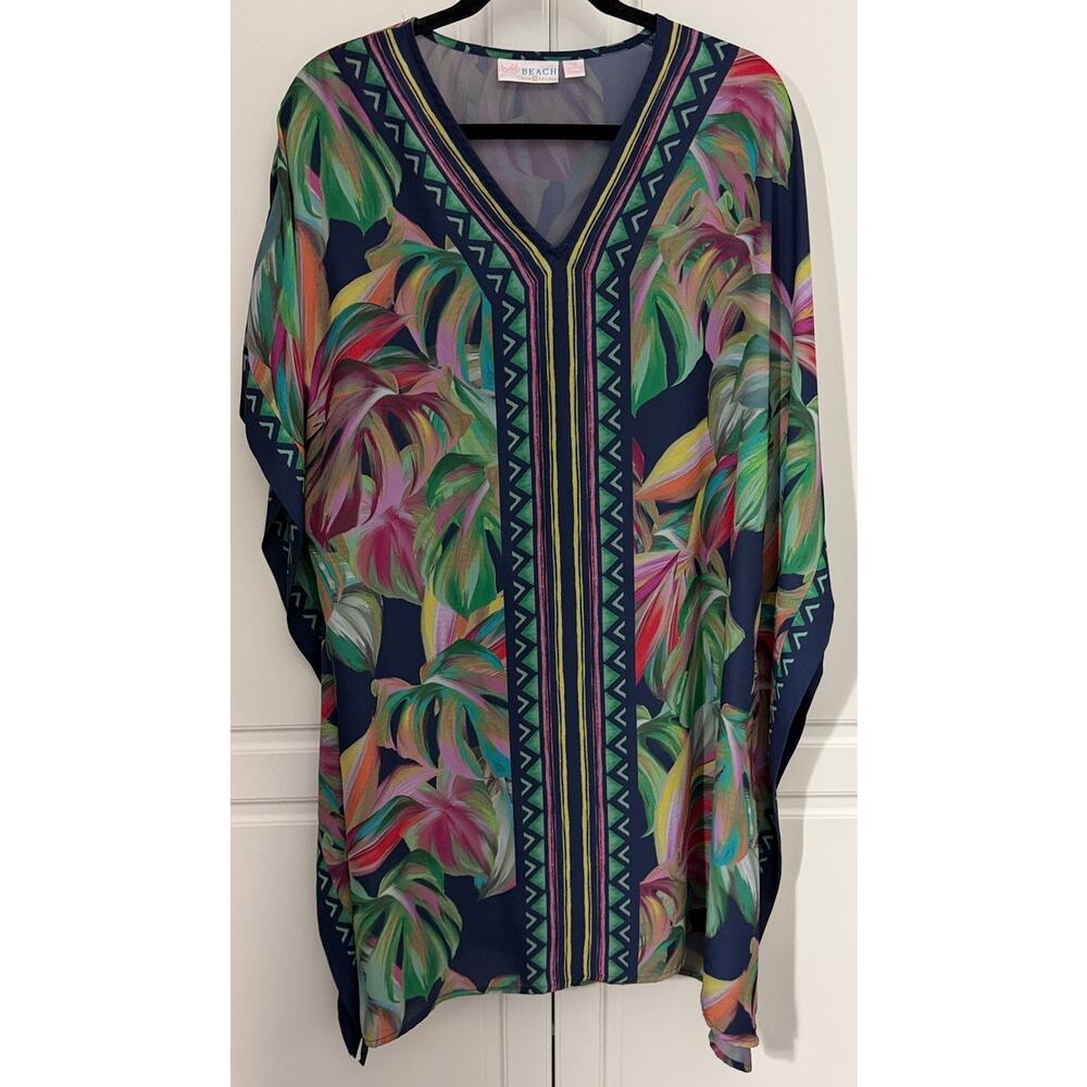 Belle Beach by Kim Gravel Cabana Caftan Dress in Blue Multi Size M  NWOT